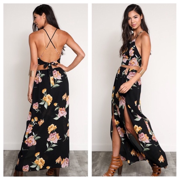 Floral Black Crop Top + Maxi Skirt Set, Side Slits - Picture 3 of 6